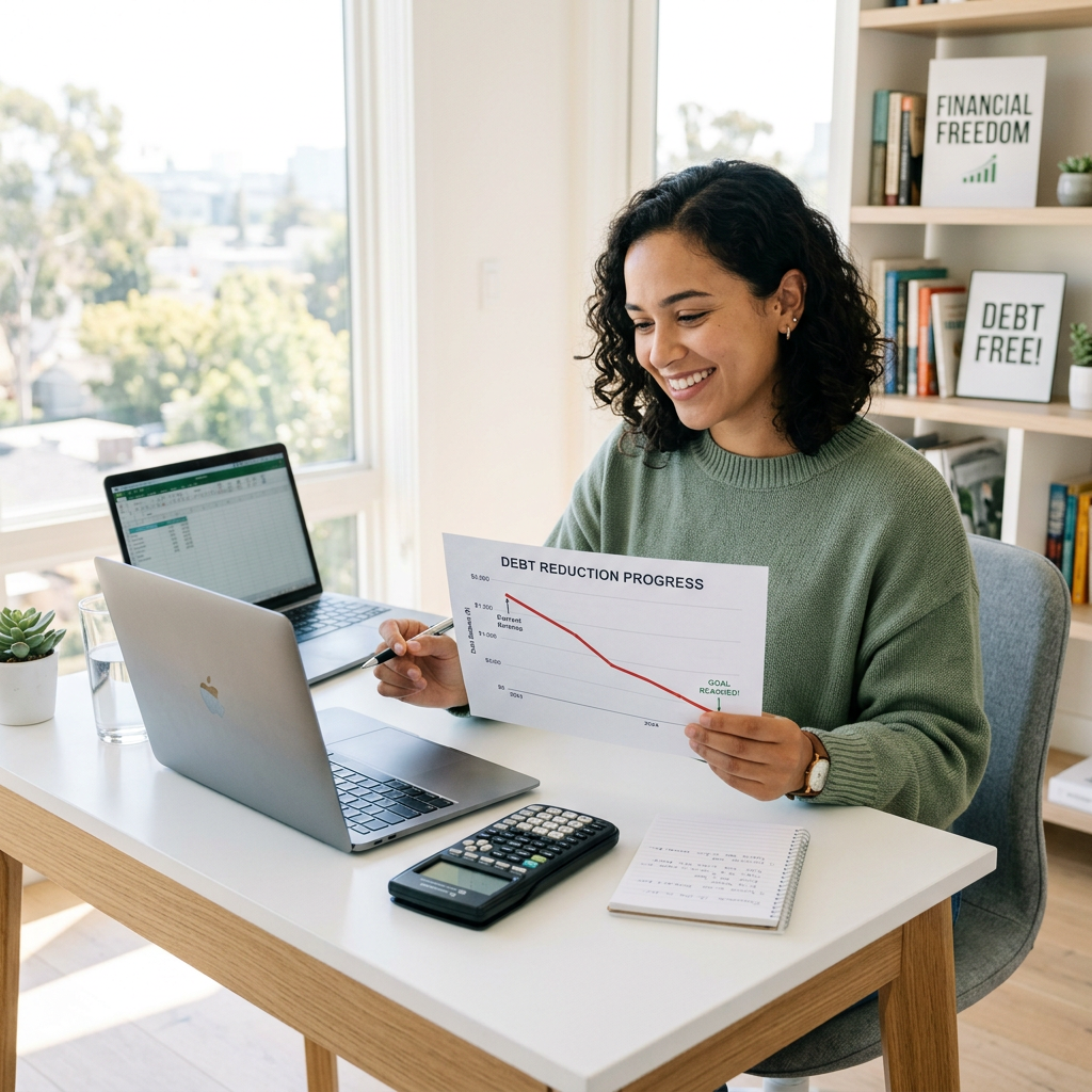 A person successfully managing debt at a modern desk